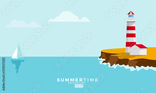 colored Lighthouse on cliff. Design template for Brochure, Flyer or Depliant for business purposes. Vector summer background