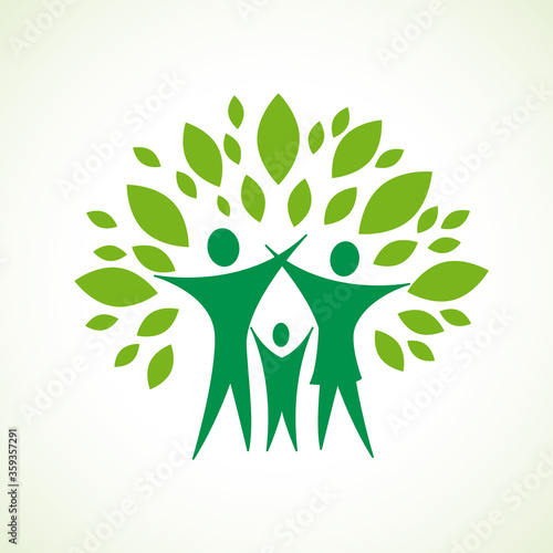 Green family with open arms inside leaves. Logo design template, vector illustration