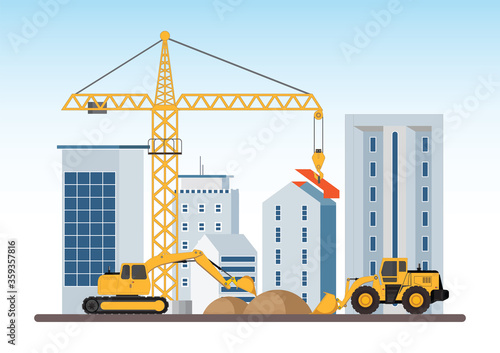 Under construction Building work process with construction machines.