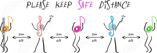 Social distance. People who enjoy music. Keep a safe distance of 2 meters or 6 feet. Assuming festivals and events. Vector image. Hand drawn lines. 