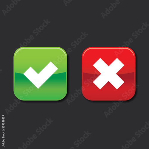 Glossy green checkmark & red cross icons in round square shapes, x & v control panel flat design vector pictogram, infographic interface elements for app web button ui ux isolated on black background