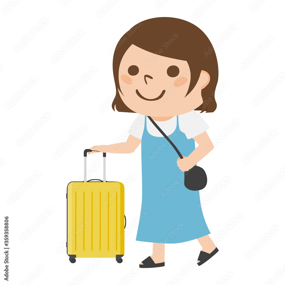 黄色の小さなスーツケースを持って旅行に行く女性のイラスト。