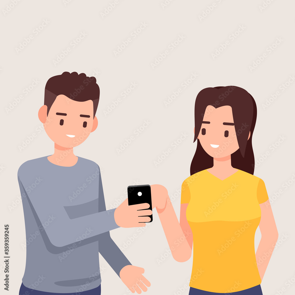 Young people holding smartphone for texting, talking, taking selfie, smartphone usability, Flat vector illustration Young people holding smartphone for texting, talking, taking selfie, smartphone usability, Flat vector illustration