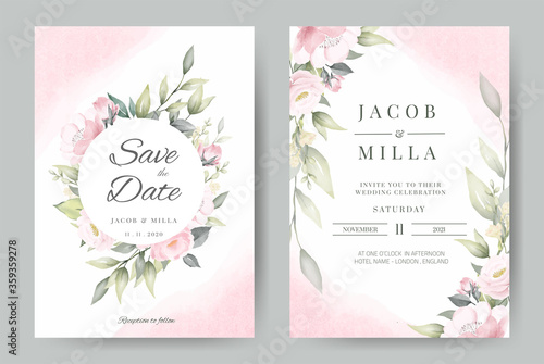 Wedding invitation set card template wreath design with rose flower watercolor bouquet vector.