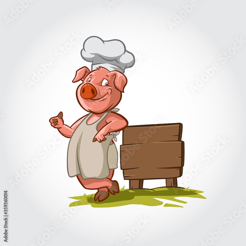 Pig Chef Smilling Mascot Cartoon Character. This pig vector illustration lean next to a wooden plank and give a thumbs up.