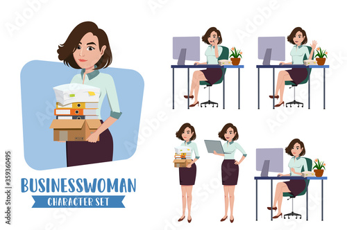 Businesswoman character vector set. Business woman characters office female employee in sitting in office desk holding documents and paper works for business collection design. Vector illustration 