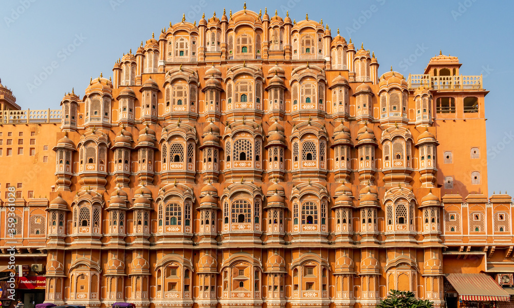 Jaipur, Rajasthan, India; Feb, 2020 : the front view of the Hawa Mahal, Jaipur, Rajasthan, India