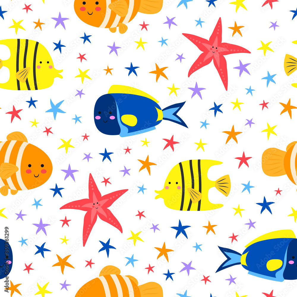 Sea fish and starfish. Cute cartoon sea animals. Seamless pattern for printing on fabric, paper. Flat vector illustration isolated on white background.