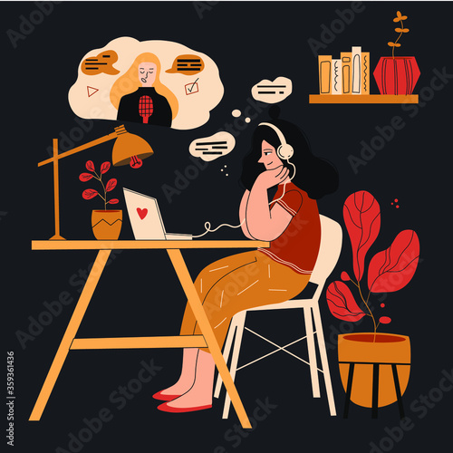 Live streaming, broadcast flat vector illustration. Male and female social media network bloggers collaboration. Vloggers cartoon characters. Interview, podcast, video recording in studio