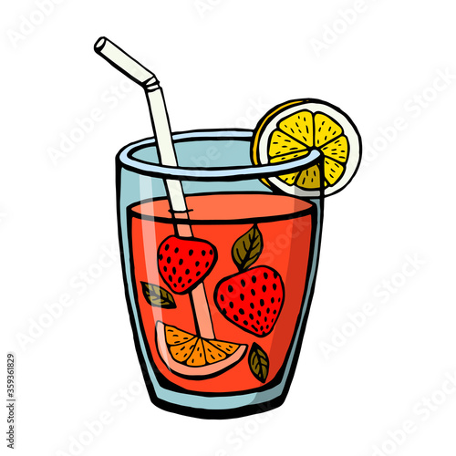 Hand drawn colored non-alcoholic drinks isolated on white background. Lemonade strawberry, lemon and mint leaves. Vector illustrations in sketch style.