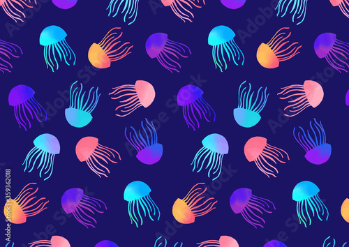 クラゲ　水彩　パターン　watercolor jellyfish seamless pattern