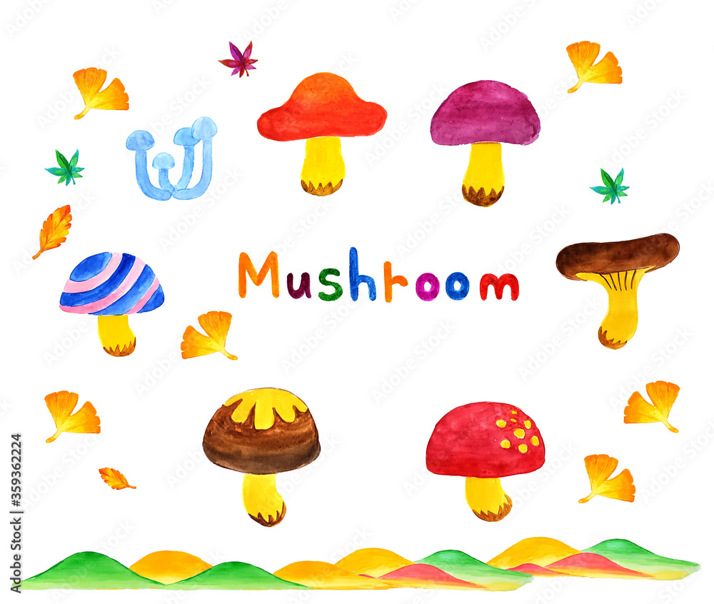Naklejka premium キノコのかわいい水彩アイコン