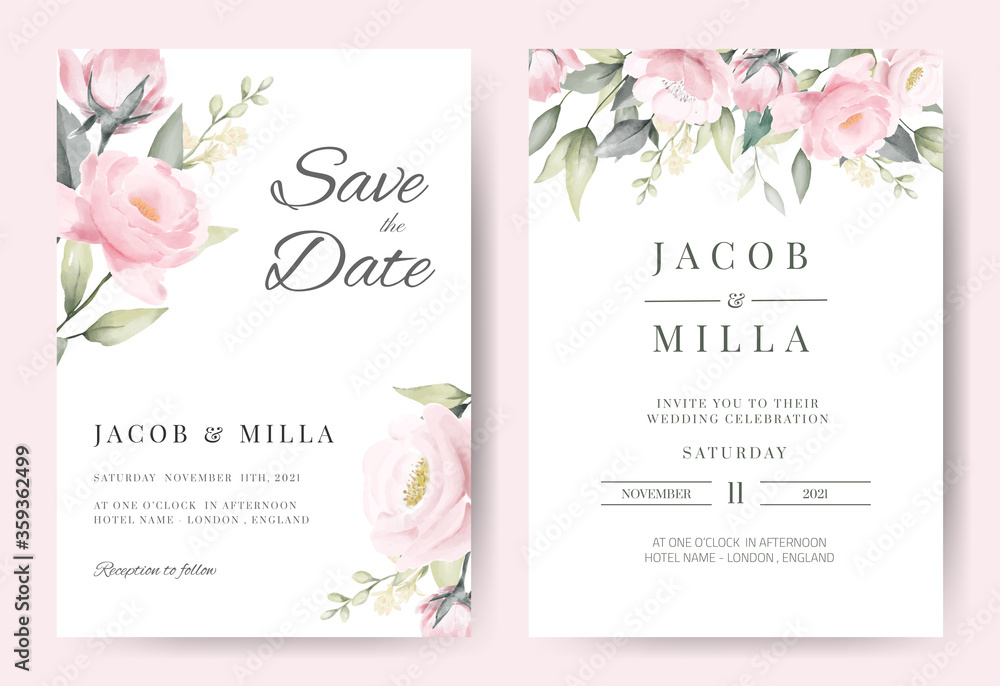 Rose flower watercolor wedding invitation card set template vector design. Rose flower watercolor wedding invitation card set template vector design.