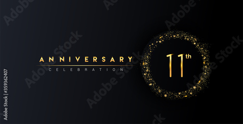 11th anniversary logo with confetti and golden glitter ring isolated on black background, vector design for greeting card and invitation card.