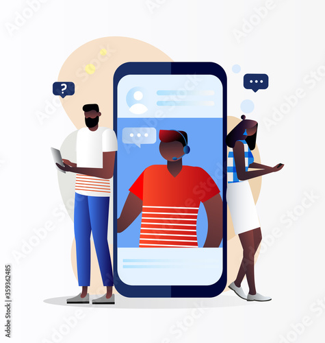 Customer support, male black hotline operator advises client, online global technical support 24/7