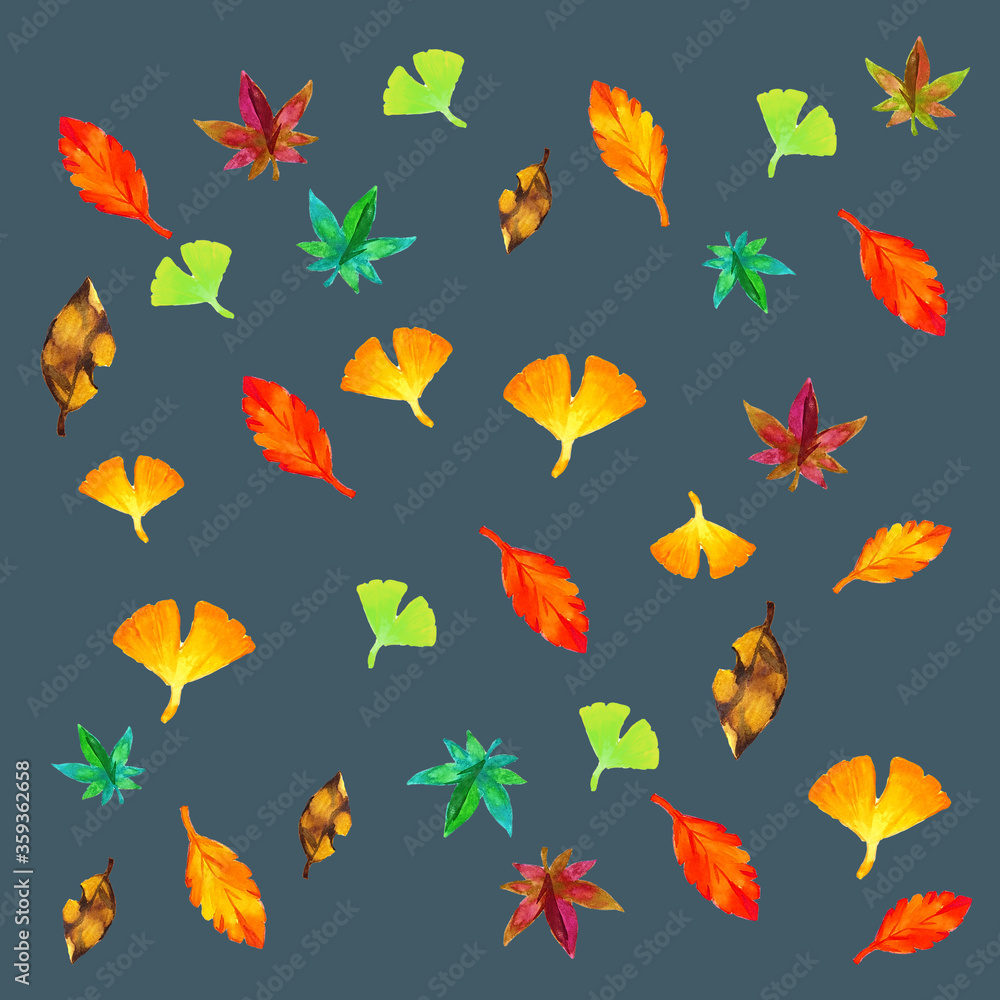水彩で描いた秋のカラフルな葉っぱたち
