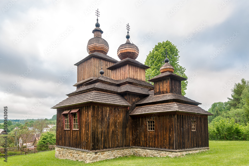 View at the Wooden Church of St.Paraskeva in village Dobroslava, Slovakia