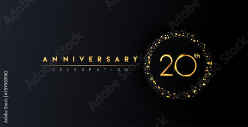 20th anniversary logo with confetti and golden glitter ring isolated on black background, vector design for greeting card and invitation card.