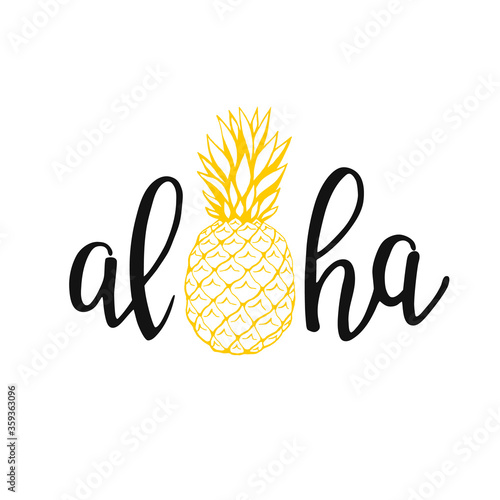Aloha - hand written lettering. Text isolated on white background with design elements. Summer typography for photo overlays, t-shirt print, flyer, poster design. Beach life message