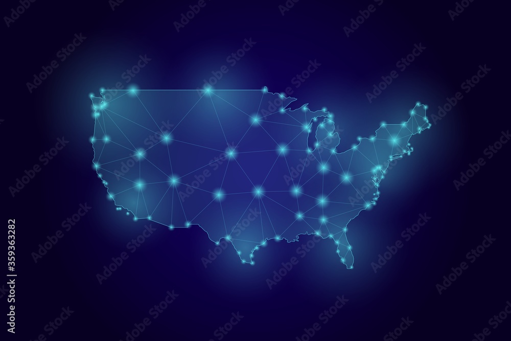 Map of the USA created from lines, bright points and polygons. Map of United States of America Vector illustartion.