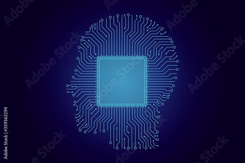 Artificial intelligence concept. Computer chip in a human head silhouette. Modern technologic brain on dark blue background. Vector illustration.