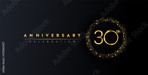 30th anniversary logo with confetti and golden glitter ring isolated on black background, vector design for greeting card and invitation card.