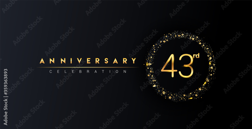 43rd anniversary logo with confetti and golden glitter ring isolated on black background, vector design for greeting card and invitation card.