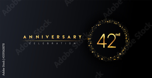 42nd anniversary logo with confetti and golden glitter ring isolated on black background, vector design for greeting card and invitation card.