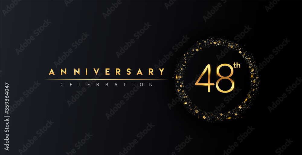 48th anniversary logo with confetti and golden glitter ring isolated on black background, vector design for greeting card and invitation card.