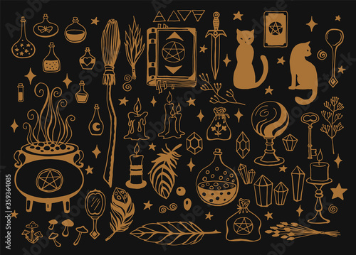 Witchcraft, magic background for witches and wizards. Vector vintage collection. Hand drawn magic tools, concept of witchcraft. Drawn magic tools: book, candles, potions, broom, crystals, cauldron.
