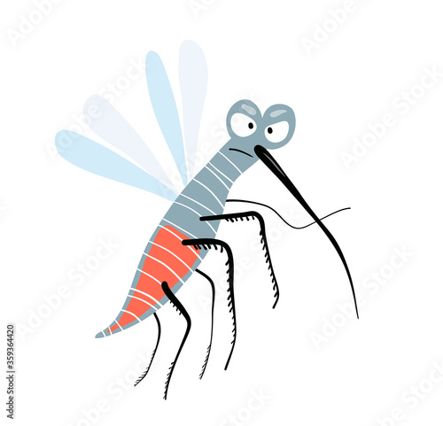 Funny cute angry and silly mosquito. Character design, cute flying insect looking at you angry, for kids. Hilarious hand drawn tropical mosquito. Vector kids cartoon illustration.
