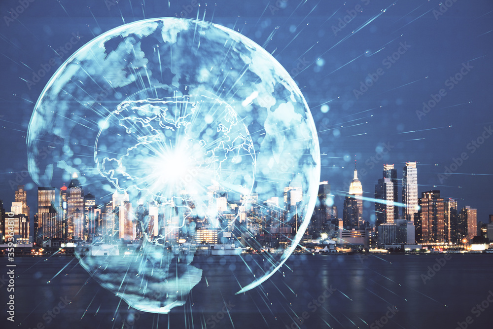 Obraz premium Double exposure of business theme hologram drawing and city veiw background. Concept of success.