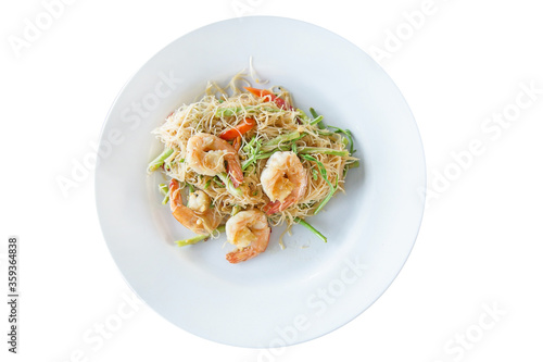 Top view of Stir Fried Rice Vermicelli with Water Mimosa and Prawns on white plate.