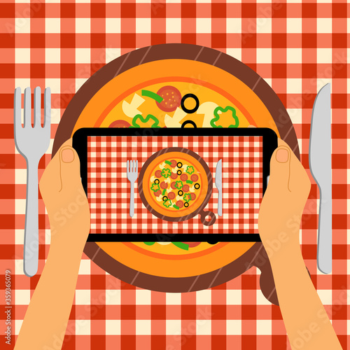 Hands holding smartphone and capture photo of pizza in restaurant. Modern trend taking picture of food before eating vector illustration.