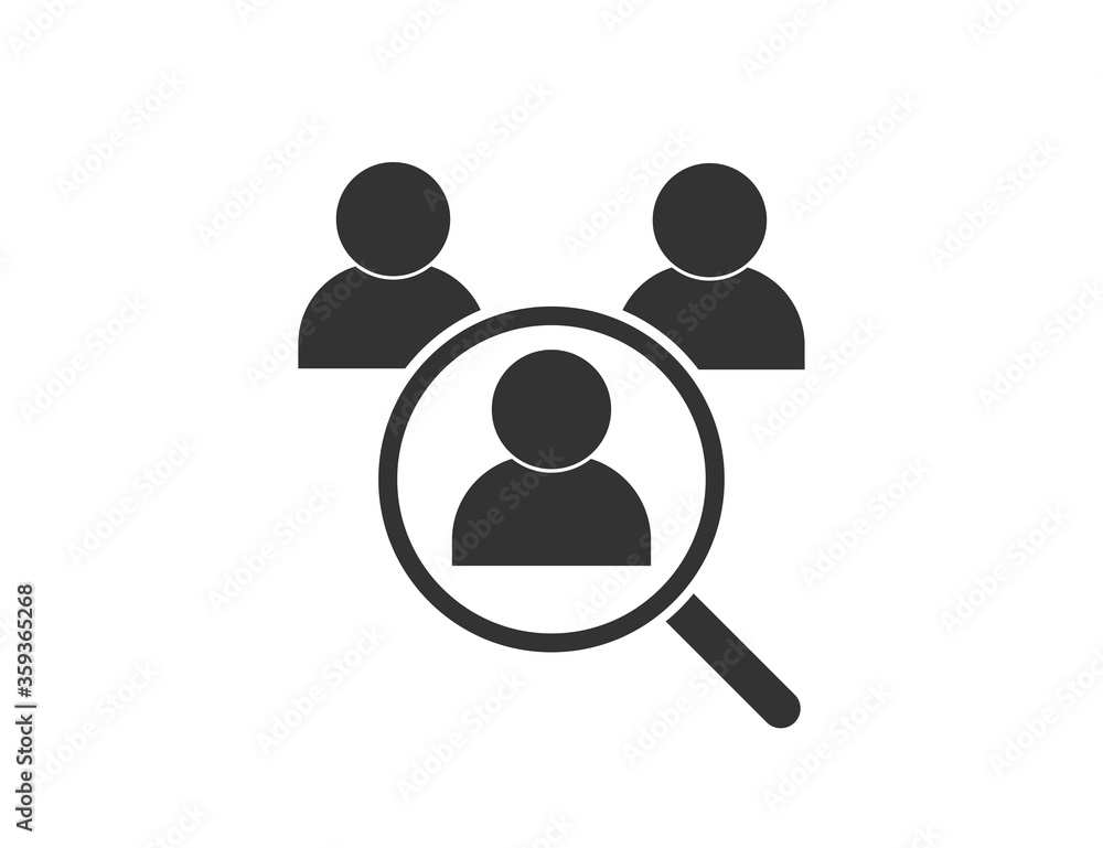 We are hiring. Search for job. Find vacancy. Loupe icon with person silhouette. Look for candidate. Magnifier choosing best worker. Research for new work. Choosing employer. Vector EPS 10. We are hiring. Search for job. Find vacancy. Loupe icon with person silhouette. Look for candidate. Magnifier choosing best worker. Research for new work. Choosing employer. Vector EPS 10.