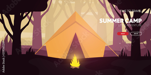 Summer camp. Travel and Adventure. Sunset in the forest. Climbing, Trekking, Hiking, Walking. Campfire Nature landscape.