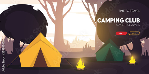 Summer camp. Travel and Adventure. Sunset in the forest. Climbing, Trekking, Hiking, Walking. Campfire Nature landscape.