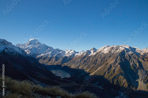 View from the Sealy Tarns track in Mt Cook in New Zealand, famous place for trekking and outdoors. 
