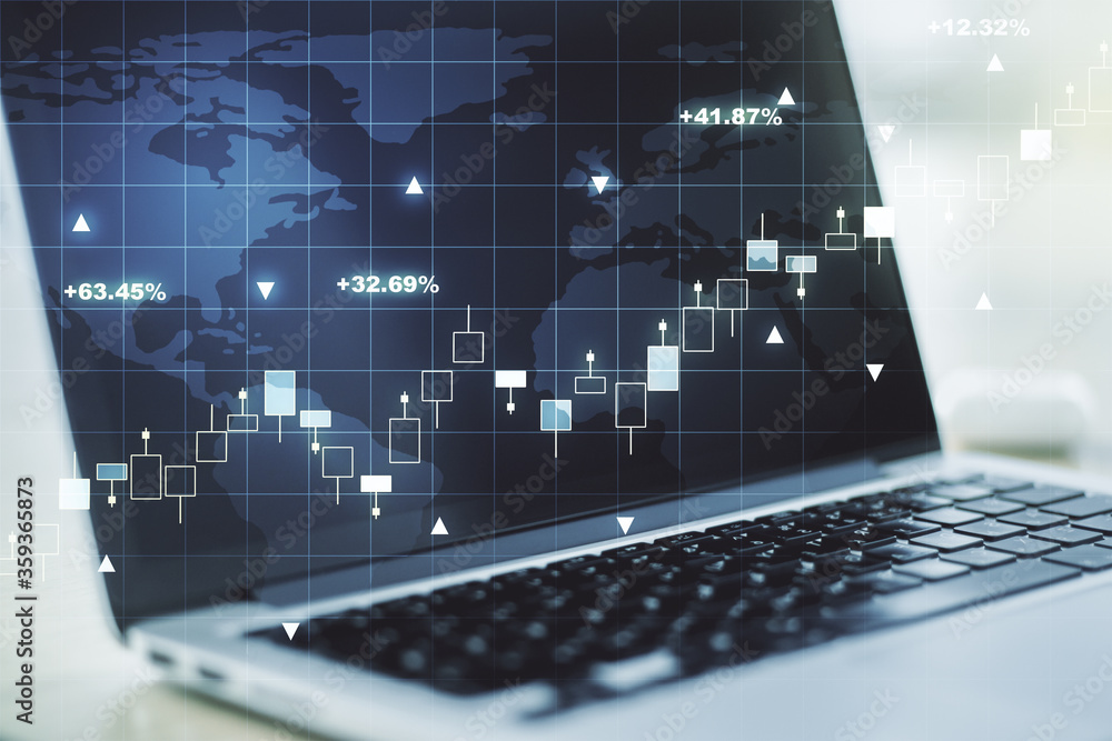 Multi exposure of abstract creative financial graph with world map on modern laptop background, forex and investment concept Multi exposure of abstract creative financial graph with world map on modern laptop background, forex and investment concept