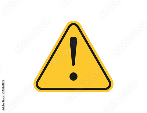 Warning sign with exclamation icon. Danger message with alert symbol. Isolated yellow triangle with attention mark. Caution sign in black flat design. Isolated error label. Vector EPS 10.
