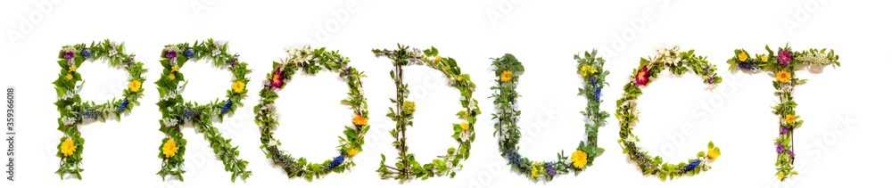 Flower, Branches And Blossom Letter Building English Word Product. White Isolated Background Flower, Branches And Blossom Letter Building English Word Product. White Isolated Background