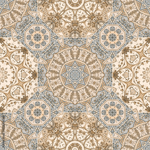 Beautiful Mediterranean pattern of octagonal and square ceramic tiles in light blue and beige colors. Seamless patchwork design. Print for carpet, rug, pillowcase.