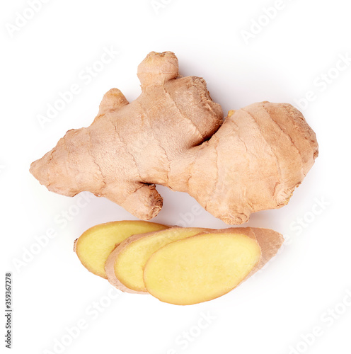 Ginger root with slice isolated on white background, top view