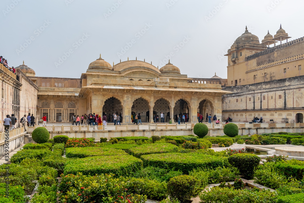 Jaipur, Rajasthan, India; Feb, 2020 : the garden in front of the Seesh Mahal at Amber Fort, Jaipur, Rajasthan, India
