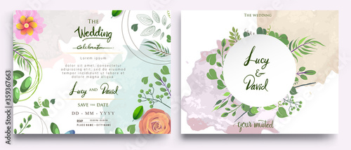 Wedding Invitation  floral invite thank you  rsvp modern card Design  green tropical palm leaf greenery eucalyptus branches decorative wreath   frame pattern. Vector elegant watercolor rustic template