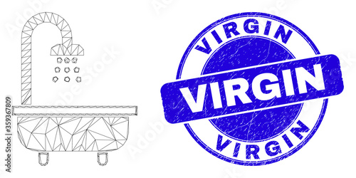 Web carcass shower bath pictogram and Virgin watermark. Blue vector rounded textured watermark with Virgin title. Abstract carcass mesh polygonal model created from shower bath pictogram.