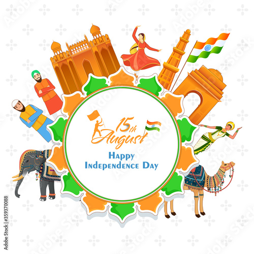 15th August Happy Independence Day Font on Tricolor Circle Frame with Indian Flags, Famous Monuments, Animal, Classical Dancer Woman and Different Religion Men.