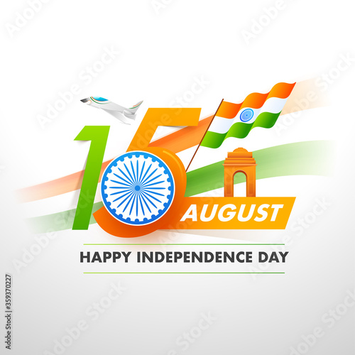 Paper Cut 15 August Text with Ashoka Wheel, Indian Flag, India Gate and Fighter Aircraft on White Background for Happy Independence Day Concept.