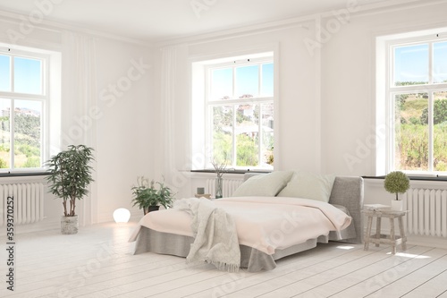 White bedroom interior. Scandinavian design. 3D illustration © AntonSh