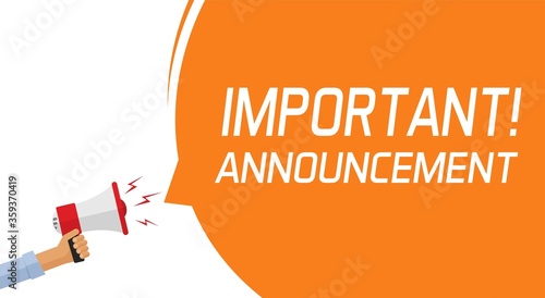 Attention important information message banner or caution alert notice announcement warning concept with megaphone and hand vector flat cartoon illustration, main news advertisement text